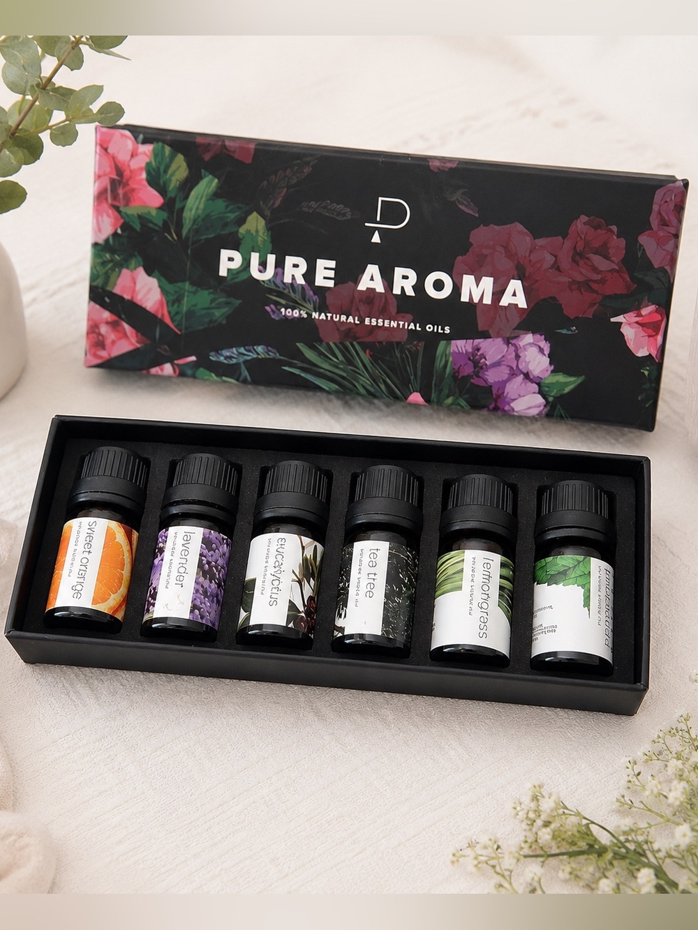 Pure Aroma 100% Natural Essential Oils Gift Set 6 Pack Lavender Eucalyptus Mint